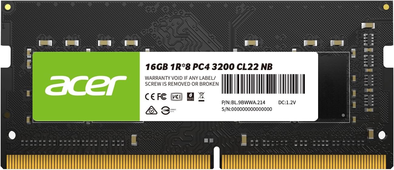 Memoria RAM Acer SD100 DDR4 | 16GB | 3200MT/s | CL 22 | Color Negro | BL.9BWWA.214