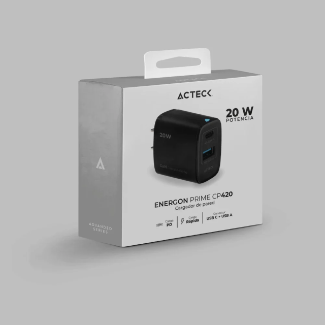 Cargador de Pared Acteck Energon Prime CP420 | Carga Rápida | 20W | USB-A / USB-C | Color Negro | AC-935555