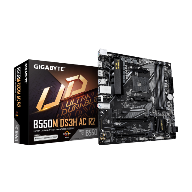Tarjeta Madre GIGABYTE B550M DS3H AC R2 | Micro-ATX | Socket AM4 | Chipset AMD B550 | DDR4 (Hasta 128GB) | HDMI / DisplayPort | Wi-Fi 5 | Bluetooth 4.2 | Negro | B550M DS3H AC R2