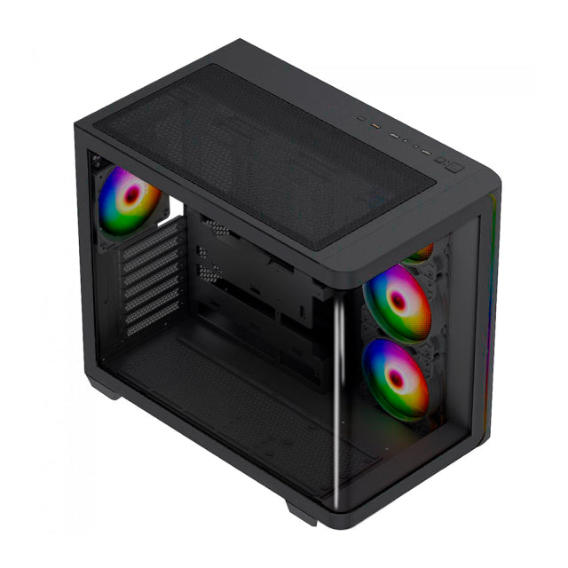 Gabinete Munfrost Hirow | Media Completa | Mini ITX / Micro ATX / ATX | Cristal Curvo Templado | 4 Ventiladores ARGB Pre-Instalados | USB 3.0 | Negro | CGHIROWLFBMFT