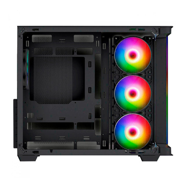 Gabinete Munfrost Hirow | Media Completa | Mini ITX / Micro ATX / ATX | Cristal Curvo Templado | 4 Ventiladores ARGB Pre-Instalados | USB 3.0 | Negro | CGHIROWLFBMFT
