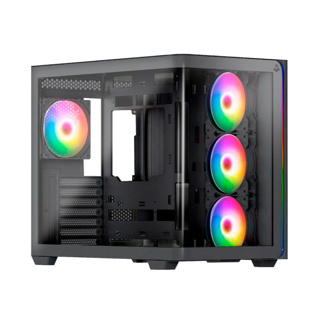 Gabinete Munfrost Hirow | Media Completa | Mini ITX / Micro ATX / ATX | Cristal Curvo Templado | 4 Ventiladores ARGB Pre-Instalados | USB 3.0 | Negro | CGHIROWLFBMFT