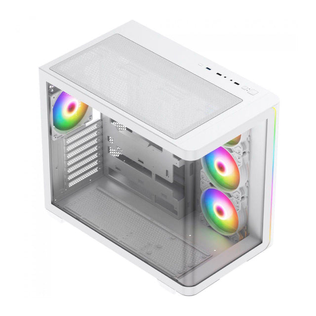 Gabinete Munfrost Hirow | Media Torre | Mini-ITX / Micro-ATX / ATX | Cristal Templado Curvo | 4 Ventiladores ARGB Pre-Instalados | USB 3.0 | Blanco | CGHIROWLFWMFT
