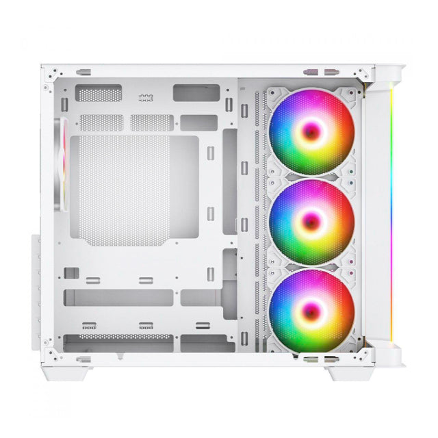 Gabinete Munfrost Hirow | Media Torre | Mini-ITX / Micro-ATX / ATX | Cristal Templado Curvo | 4 Ventiladores ARGB Pre-Instalados | USB 3.0 | Blanco | CGHIROWLFWMFT