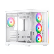 Gabinete Munfrost Hirow | Media Torre | Mini-ITX / Micro-ATX / ATX | Cristal Templado Curvo | 4 Ventiladores ARGB Pre-Instalados | USB 3.0 | Blanco | CGHIROWLFWMFT