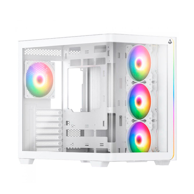 Gabinete Munfrost Hirow | Media Torre | Mini-ITX / Micro-ATX / ATX | Cristal Templado Curvo | 4 Ventiladores ARGB Pre-Instalados | USB 3.0 | Blanco | CGHIROWLFWMFT