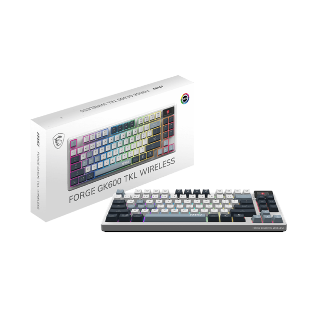 Teclado Mecánico MSI FORGE GK600 TKL | Bluetooth / Receptor USB / USB 2.0 | RGB | Display 1.06" | Color Blanco / Gris | Inglés | FORGE GK600 TKL WIRELESS SKY