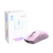 Mouse Gamer Inalámbrico MSI FORGE GM340 WIRELESS | Hasta 82 Horas de Batería Recargable | 800 a 12000 DPI | Sensor Óptico PAW3311 | 57 g | 6 Botones | 2.4GHz / Bluetooth 5.2 / Cable USB-A | Violeta / Rosa | FORGE GM340 W VIOLET