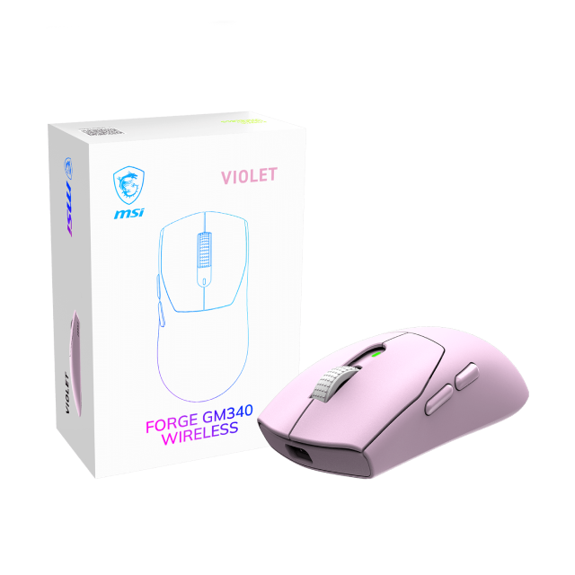 Mouse Gamer Inalámbrico MSI FORGE GM340 WIRELESS | Hasta 82 Horas de Batería Recargable | 800 a 12000 DPI | Sensor Óptico PAW3311 | 57 g | 6 Botones | 2.4GHz / Bluetooth 5.2 / Cable USB-A | Violeta / Rosa | FORGE GM340 W VIOLET