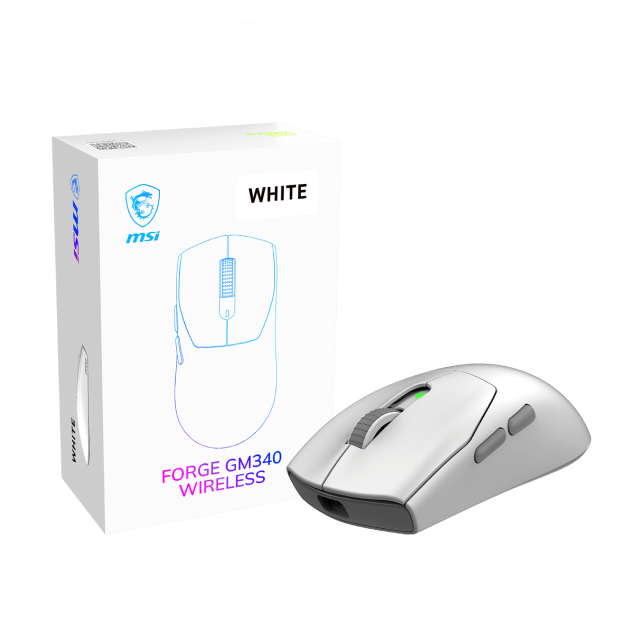 Mouse Gamer Inalámbrico MSI FORGE GM340 WIRELESS | Hasta 82 Horas de Batería Recargable | 800 a 12000 DPI | Sensor Óptico PAW3311 | 57 g | 6 Botones | 2.4GHz / Bluetooth 5.2 / Cable USB-A | Blanco | FORGE GM340 W WHITE