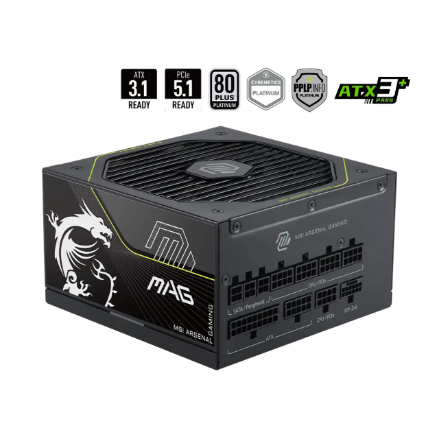 Fuente de Poder MSI MAG A1000PLS PCIE5 | 1000W | 80 PLUS Platinum | 24-pin ATX | 135mm | Full Modular | Compatible con ATX 3.1 | Negro | MAG A1000PLS PCIE5