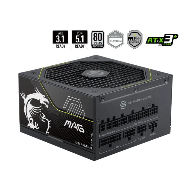 Fuente de Poder MSI MAG A1200PLS PCIE5 | 1200W | 80 PLUS Platinum | 24-pin ATX | 135mm | Full Modular | Compatible con ATX 3.1 | Negro | MAG A1200PLS PCIE5