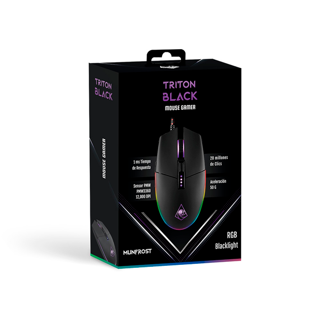 Mouse Gamer Alámbrico Munfrost Triton | Hasta 12,000 DPI | Sensor Óptico PixArt 3360 | 7 Botones | Diseño Honeycomb Ultra Ligero 66g | Iluminación ARGB | Negro Mate