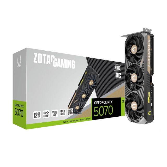 Tarjeta de Video ZOTAC GeForce RTX 5070 SOLID OC | 12GB GDDR7 | 192-bit | PCI Express 5.0 | 3 x DisplayPort 2.1b / 1 x HDMI | ZT-B50700J-10P
